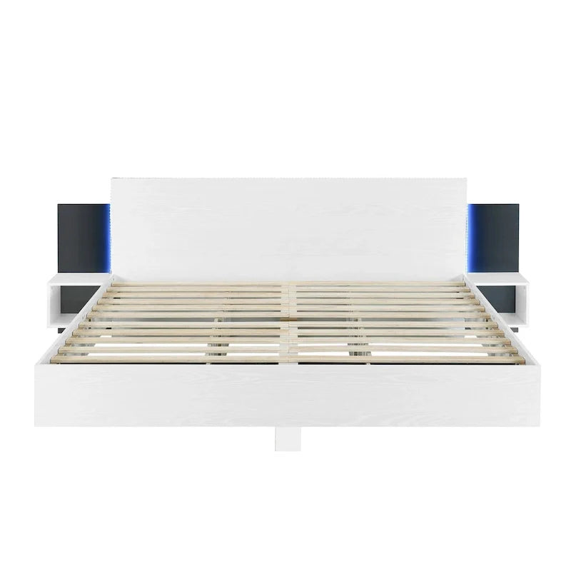 Modern King Size Wooden Floating Bed Frame with Nightstand and LED - Slatted Support Design 21
