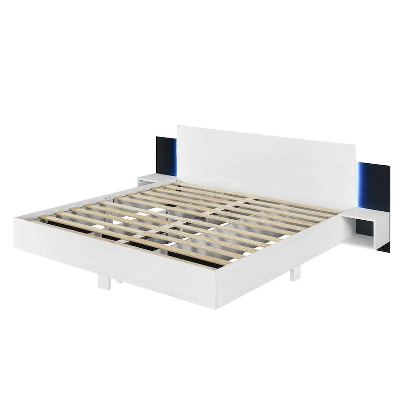 Modern King Size Wooden Floating Bed Frame with Nightstand and LED - Slatted Support Design 22