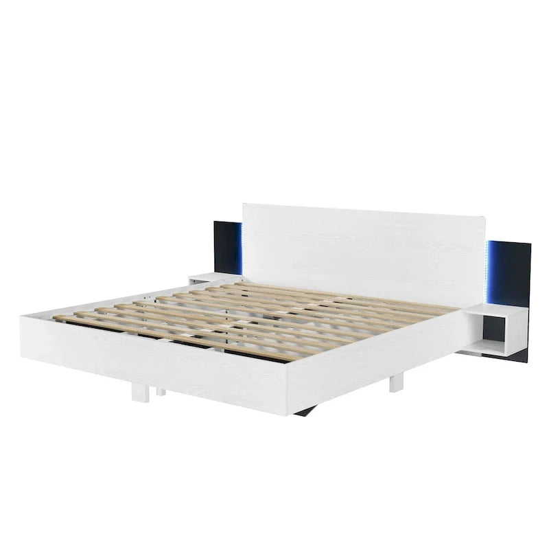 Modern King Size Wooden Floating Bed Frame with Nightstand and LED - Slatted Support Design 23