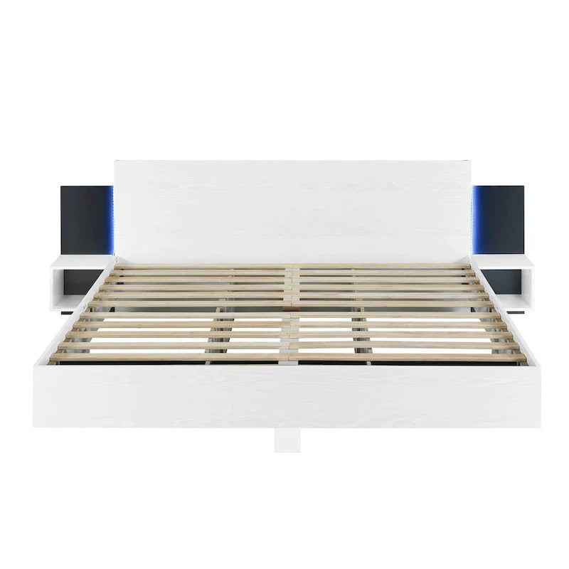 Modern King Size Wooden Floating Bed Frame with Nightstand and LED - Slatted Support Design 24