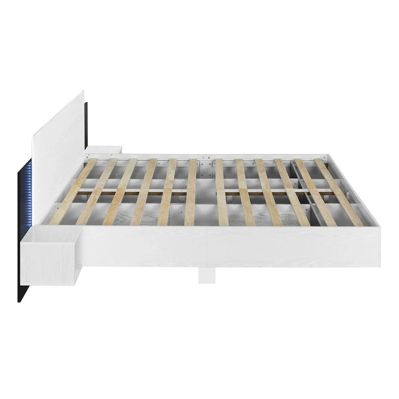 Modern King Size Wooden Floating Bed Frame with Nightstand and LED - Slatted Support Design 25