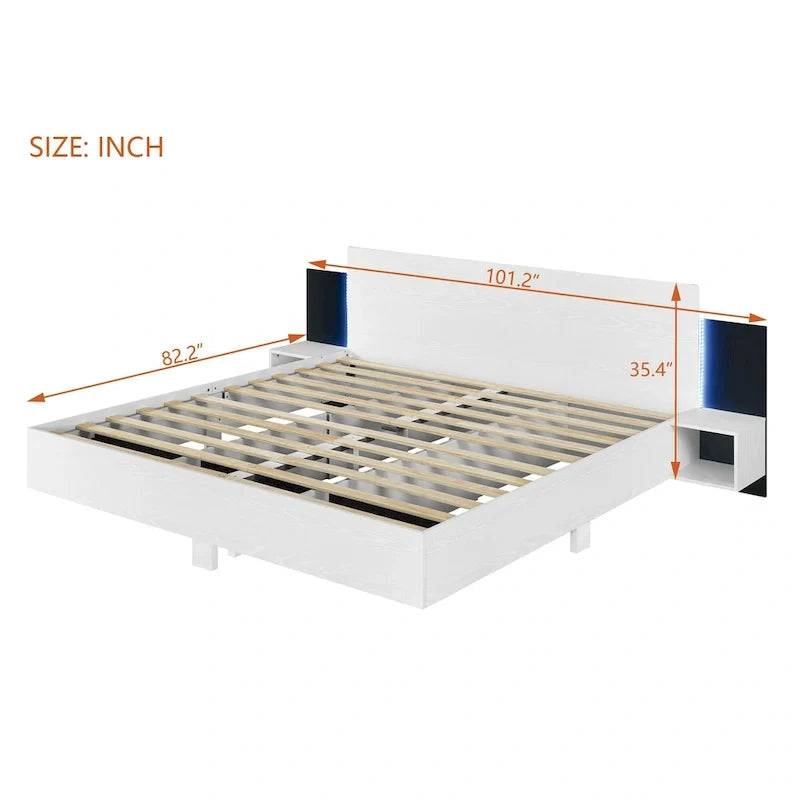 Modern King Size Wooden Floating Bed Frame with Nightstand and LED - Slatted Support Design 26