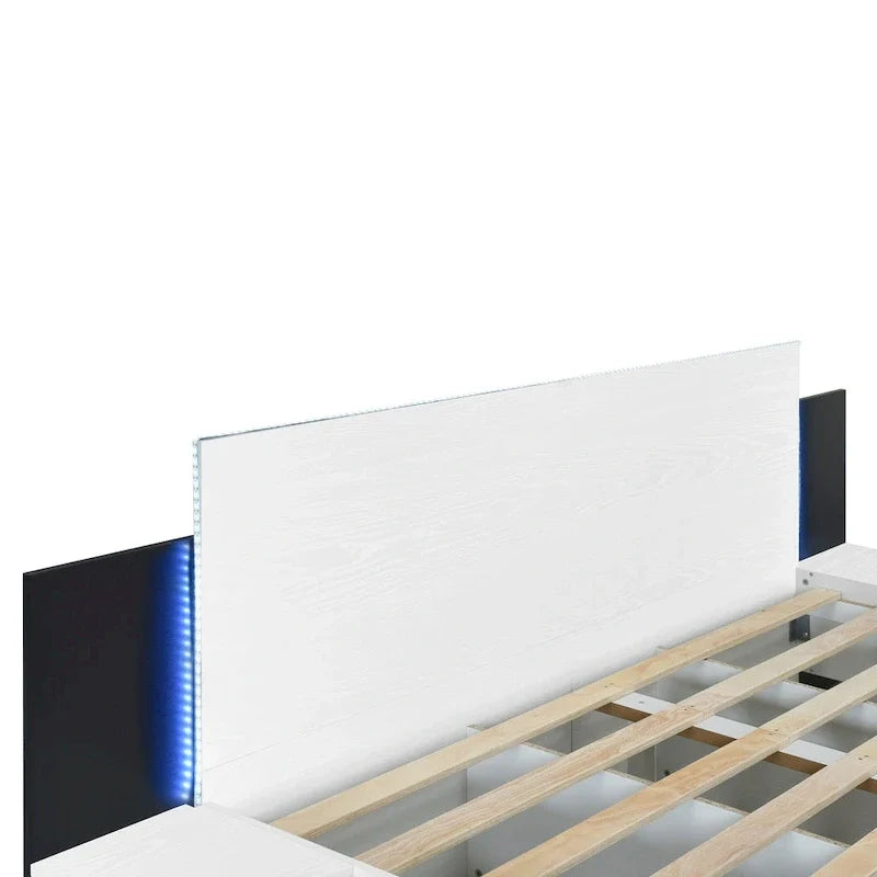 Modern King Size Wooden Floating Bed Frame with Nightstand and LED - Slatted Support Design 27