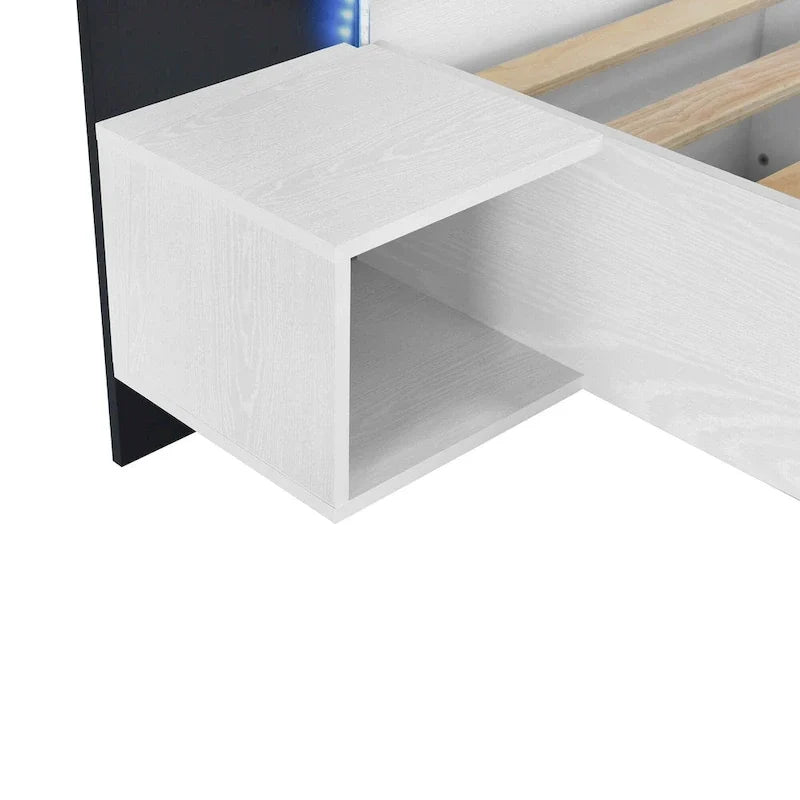 Modern King Size Wooden Floating Bed Frame with Nightstand and LED - Slatted Support Design 28