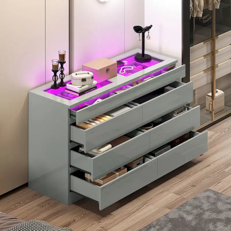 Modern Dresser with LED Lighting Glass Top and 4 Storage Drawers