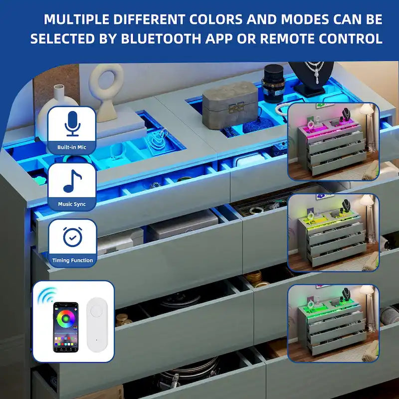 Modern Dresser with LED Lighting Glass Top and 4 Storage Drawers