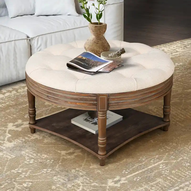 Spacious Round Waterproof Ottoman Coffee Table - 2-Tier Oversized Button-Tufted Design with Wooden Upholstery 19