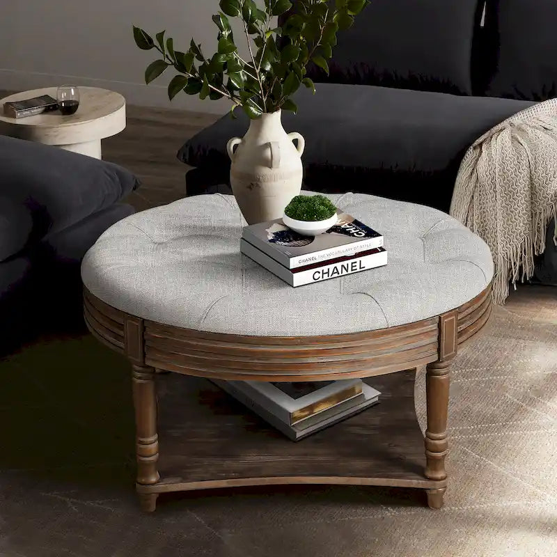 Spacious Round Waterproof Ottoman Coffee Table - 2-Tier Oversized Button-Tufted Design with Wooden Upholstery 20