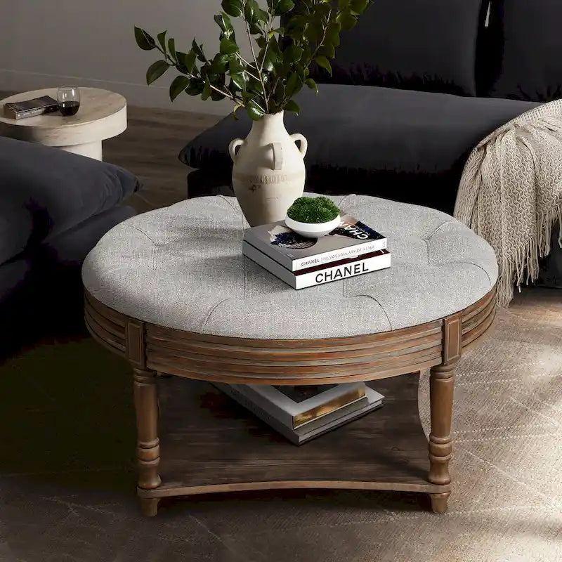 Spacious Round Waterproof Ottoman Coffee Table - 2-Tier Oversized Button-Tufted Design with Wooden Upholstery 1