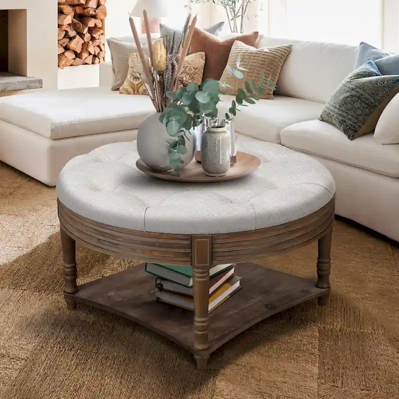 Round Storage Ottoman Coffee Table with Tufted Seat and Wooden Base 2