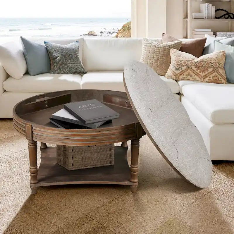 Round Storage Ottoman Coffee Table with Tufted Seat and Wooden Base 3