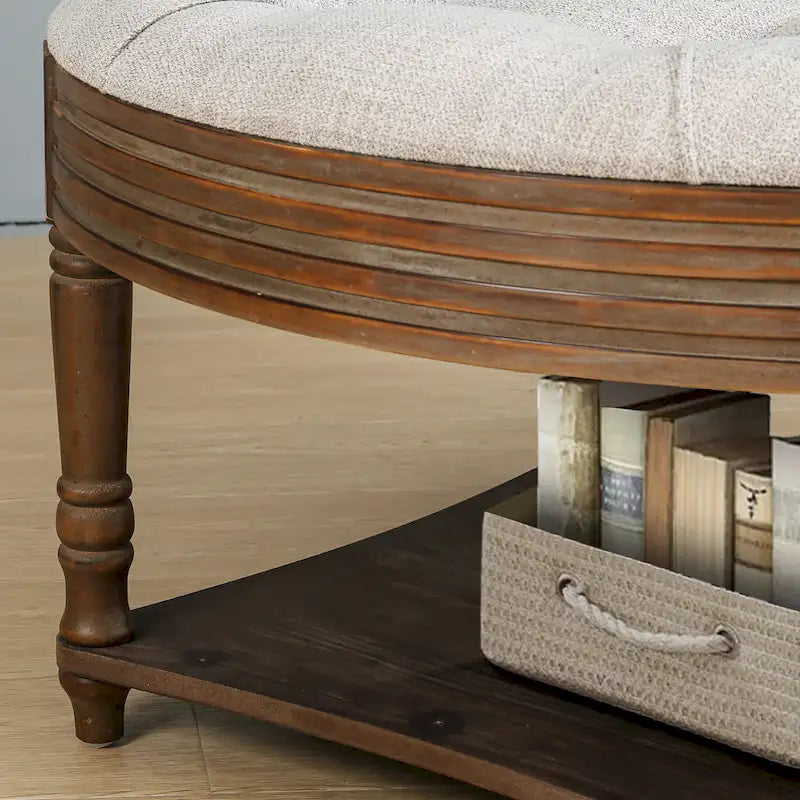 Spacious Round Waterproof Ottoman Coffee Table - 2-Tier Oversized Button-Tufted Design with Wooden Upholstery 4