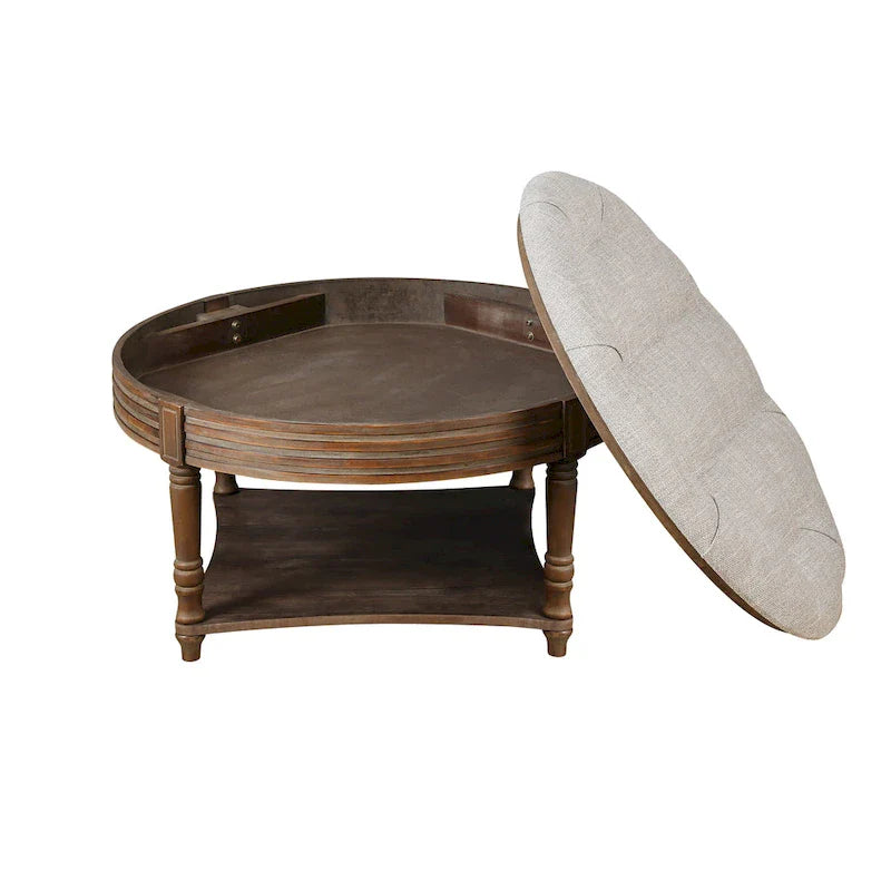 Round Storage Ottoman Coffee Table with Tufted Seat and Wooden Base 5