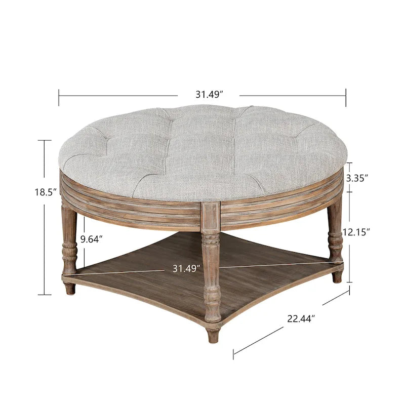 Round Storage Ottoman Coffee Table with Tufted Seat and Wooden Base 6