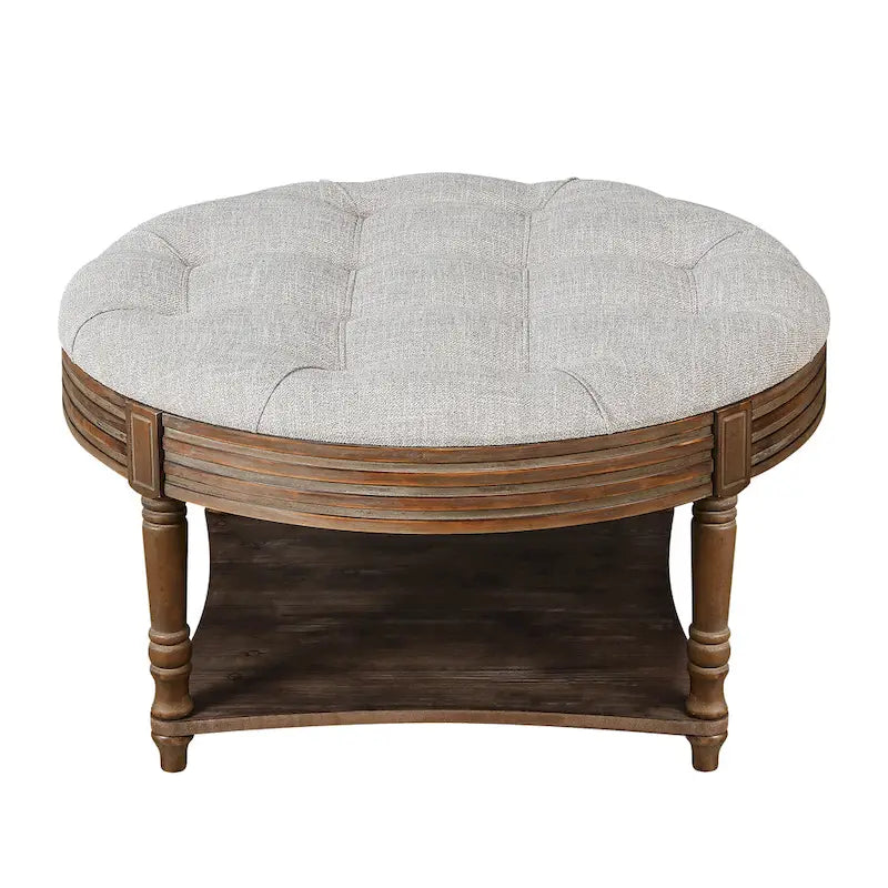 Round Storage Ottoman Coffee Table with Tufted Seat and Wooden Base 8