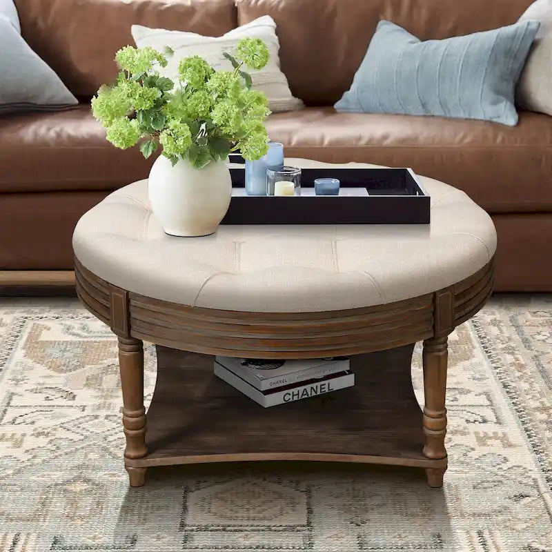 Spacious Round Waterproof Ottoman Coffee Table - 2-Tier Oversized Button-Tufted Design with Wooden Upholstery 11
