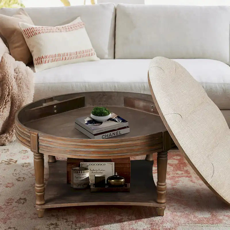 Spacious Round Waterproof Ottoman Coffee Table - 2-Tier Oversized Button-Tufted Design with Wooden Upholstery 12