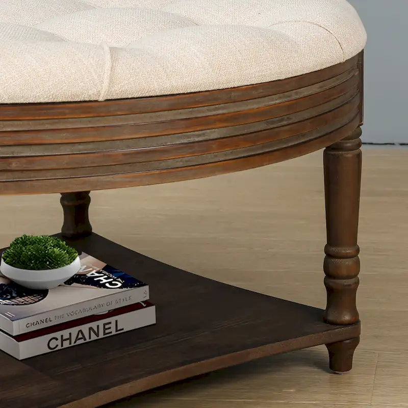 Round Storage Ottoman Coffee Table with Tufted Seat and Wooden Base 13
