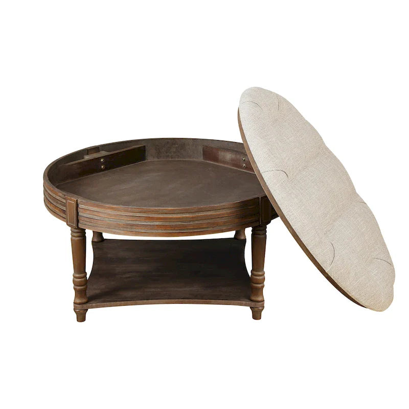 Spacious Round Waterproof Ottoman Coffee Table - 2-Tier Oversized Button-Tufted Design with Wooden Upholstery 15