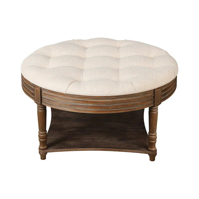 Round Storage Ottoman Coffee Table with Tufted Seat and Wooden Base 17