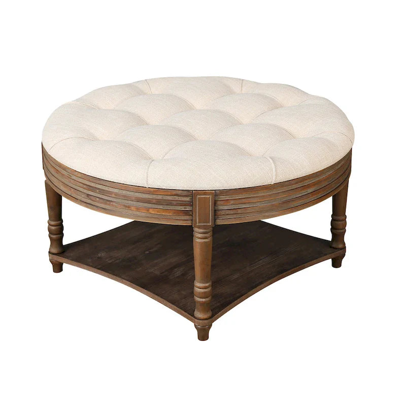 Spacious Round Waterproof Ottoman Coffee Table - 2-Tier Oversized Button-Tufted Design with Wooden Upholstery 18