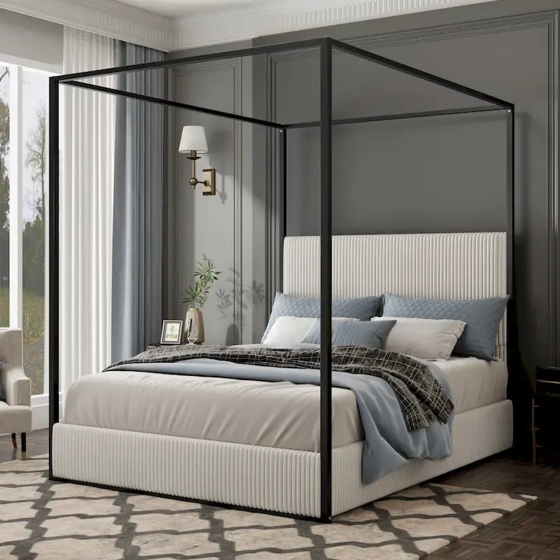 Metal Canopy Platform Bed with Vertical Stripe Upholstered Wingback Headboard - Four Poster, Low Profile Design 20