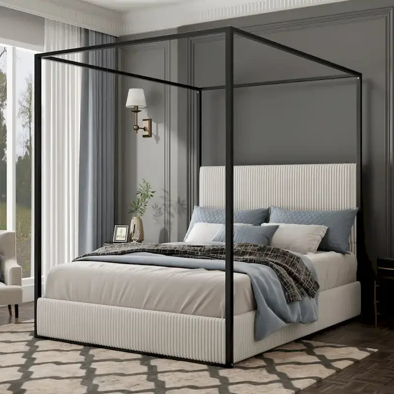 Metal Canopy Platform Bed with Vertical Stripe Upholstered Wingback Headboard - Four Poster, Low Profile Design 1
