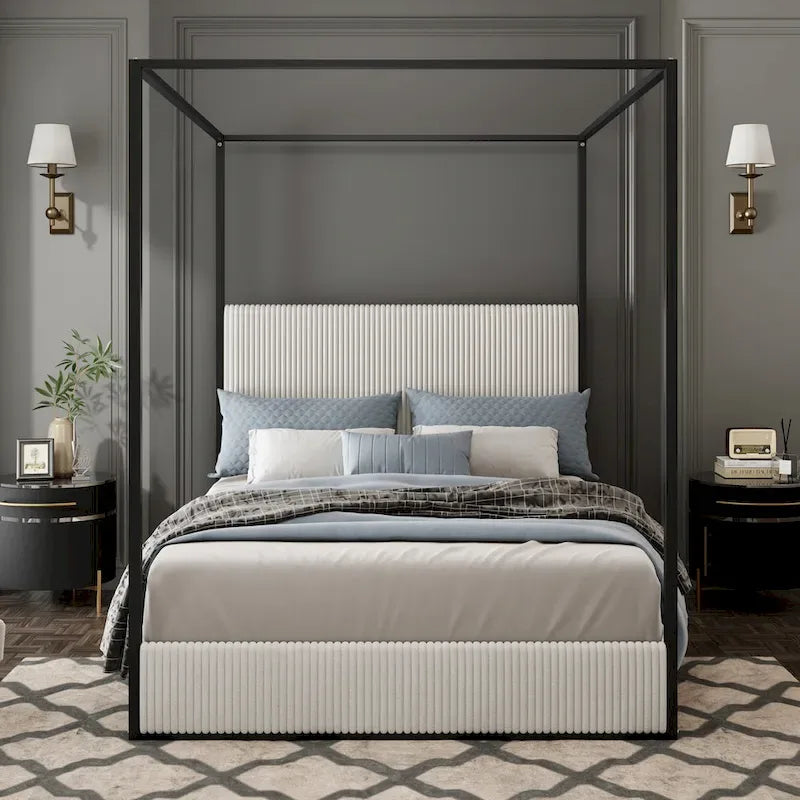 Metal Canopy Platform Bed with Vertical Stripe Upholstered Wingback Headboard - Four Poster, Low Profile Design 2