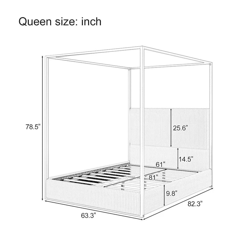 Metal Canopy Platform Bed with Vertical Stripe Upholstered Wingback Headboard - Four Poster, Low Profile Design 3