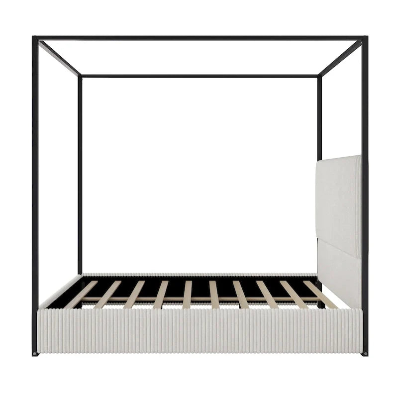 Metal Canopy Platform Bed with Vertical Stripe Upholstered Wingback Headboard - Four Poster, Low Profile Design 4