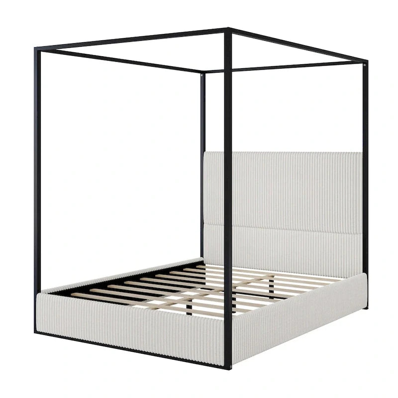 Metal Canopy Platform Bed with Vertical Stripe Upholstered Wingback Headboard - Four Poster, Low Profile Design 5