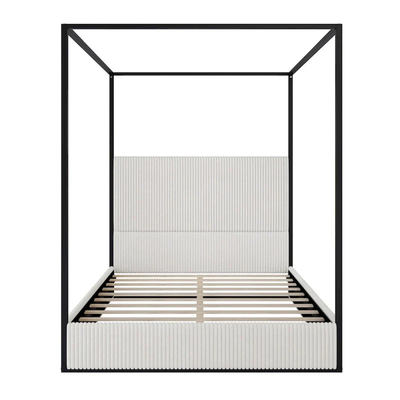 Metal Canopy Platform Bed with Vertical Stripe Upholstered Wingback Headboard - Four Poster, Low Profile Design 6