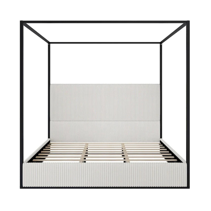 Metal Canopy Platform Bed with Vertical Stripe Upholstered Wingback Headboard - Four Poster, Low Profile Design 8