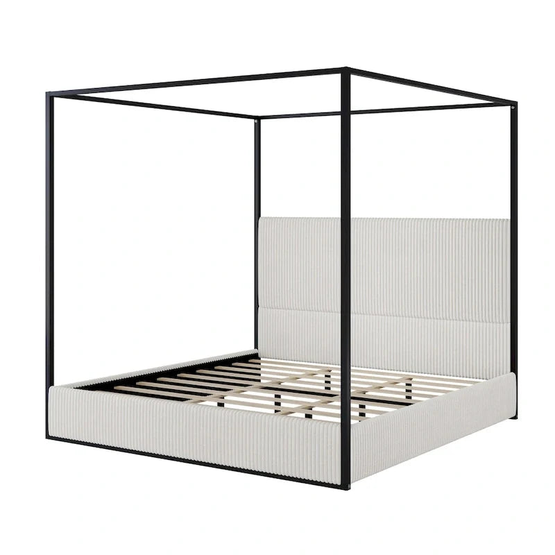 Metal Canopy Platform Bed with Vertical Stripe Upholstered Wingback Headboard - Four Poster, Low Profile Design 9