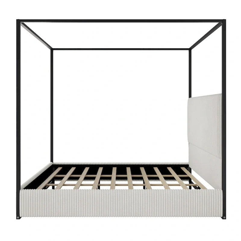 Metal Canopy Platform Bed with Vertical Stripe Upholstered Wingback Headboard - Four Poster, Low Profile Design 10