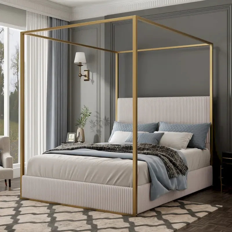 Metal Canopy Platform Bed with Vertical Stripe Upholstered Wingback Headboard - Four Poster, Low Profile Design 11