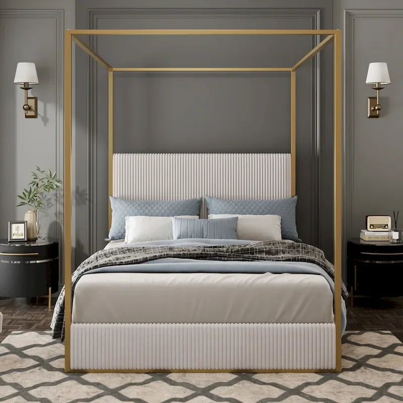 Metal Canopy Platform Bed with Vertical Stripe Upholstered Wingback Headboard - Four Poster, Low Profile Design 12