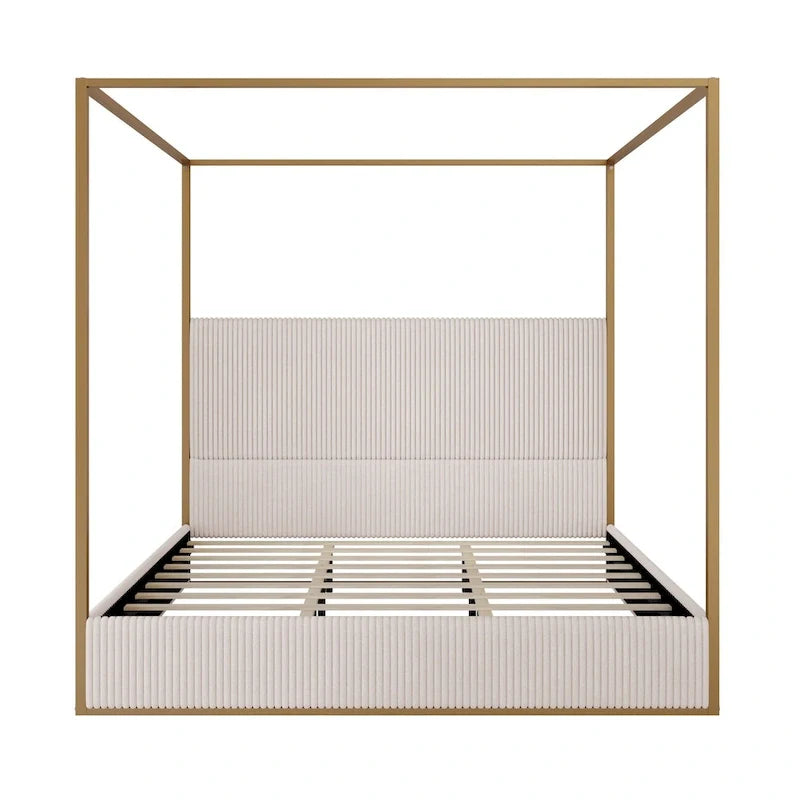Metal Canopy Platform Bed with Vertical Stripe Upholstered Wingback Headboard - Four Poster, Low Profile Design 13