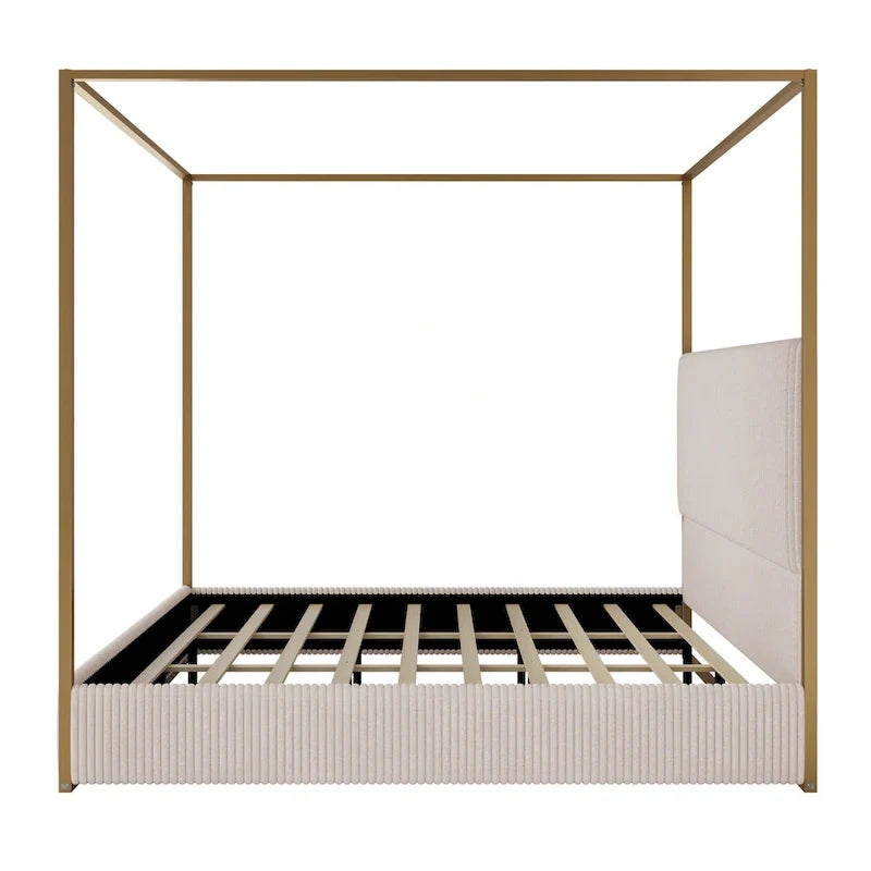 Metal Canopy Platform Bed with Vertical Stripe Upholstered Wingback Headboard - Four Poster, Low Profile Design 14
