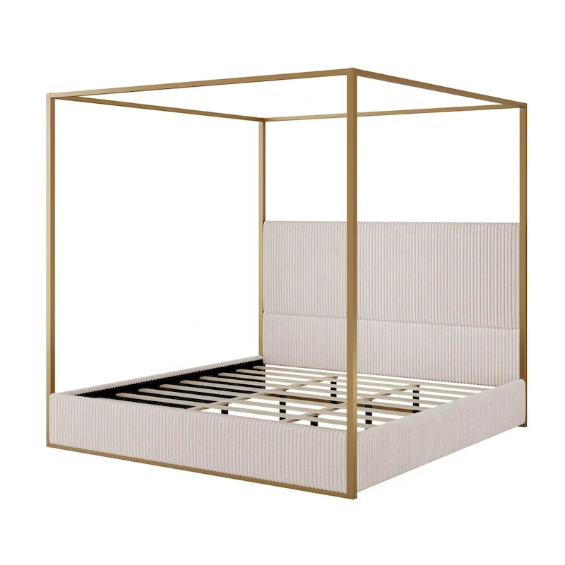 Metal Canopy Platform Bed with Vertical Stripe Upholstered Wingback Headboard - Four Poster, Low Profile Design 15