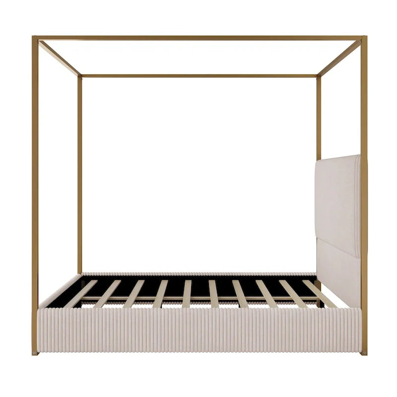 Metal Canopy Platform Bed with Vertical Stripe Upholstered Wingback Headboard - Four Poster, Low Profile Design 16