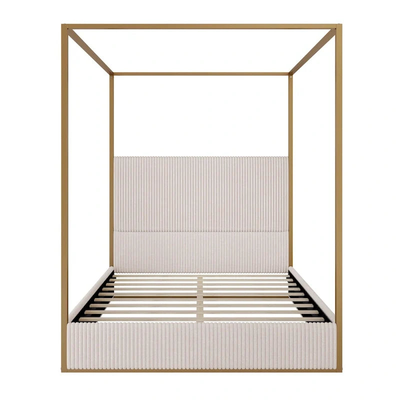 Metal Canopy Platform Bed with Vertical Stripe Upholstered Wingback Headboard - Four Poster, Low Profile Design 17