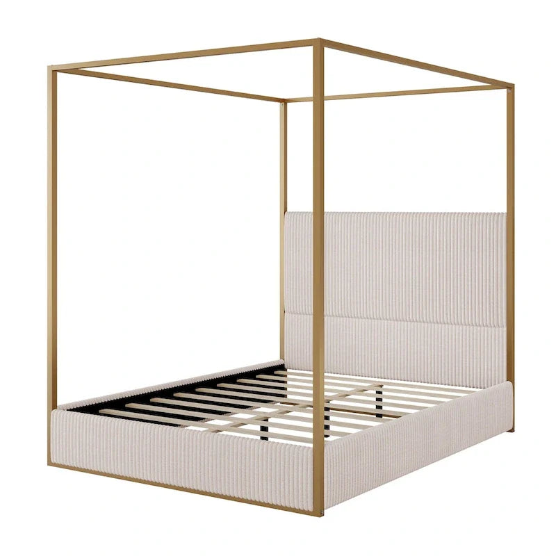 Metal Canopy Platform Bed with Vertical Stripe Upholstered Wingback Headboard - Four Poster, Low Profile Design 18
