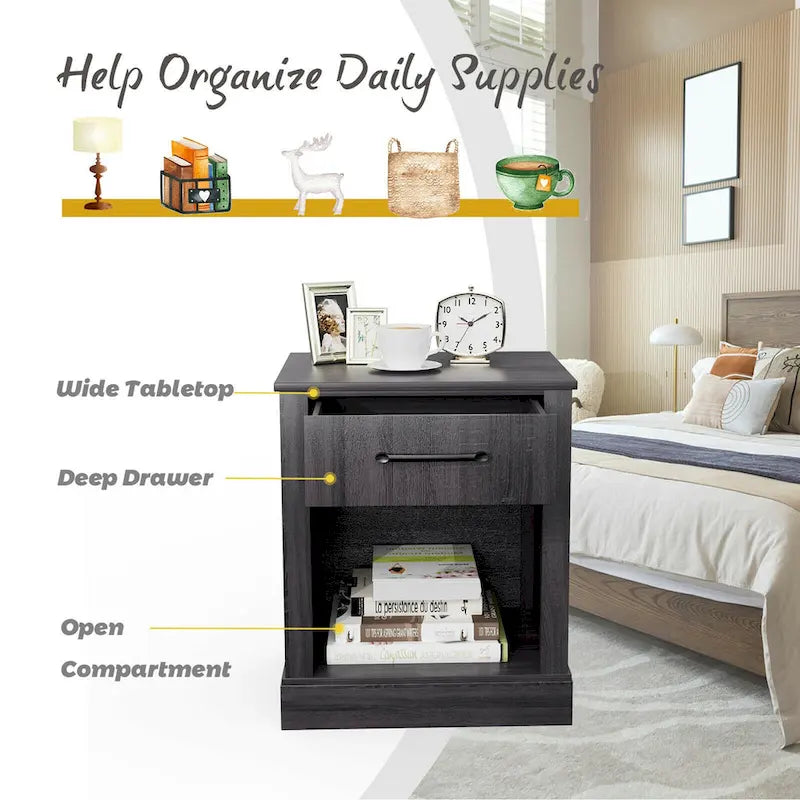 Rustic Wooden Bedside Table with Drawer and Shelf by Gymax 2