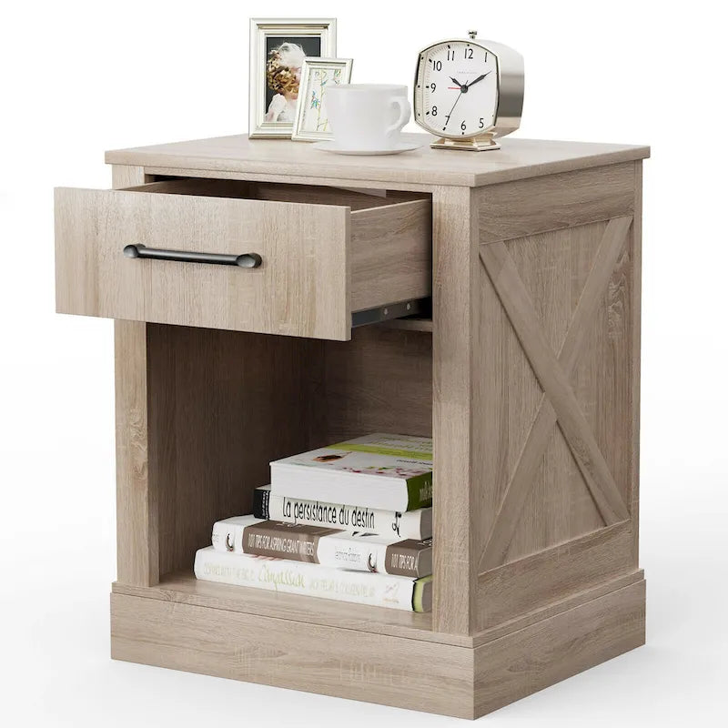 Rustic Wooden Bedside Table with Drawer and Shelf by Gymax 6
