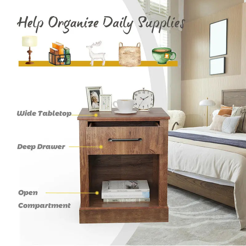 Rustic Wooden Bedside Table with Drawer and Shelf by Gymax 10