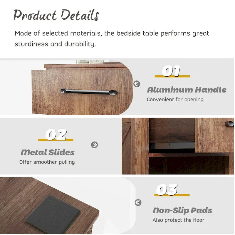 Rustic Wooden Bedside Table with Drawer and Shelf by Gymax 11