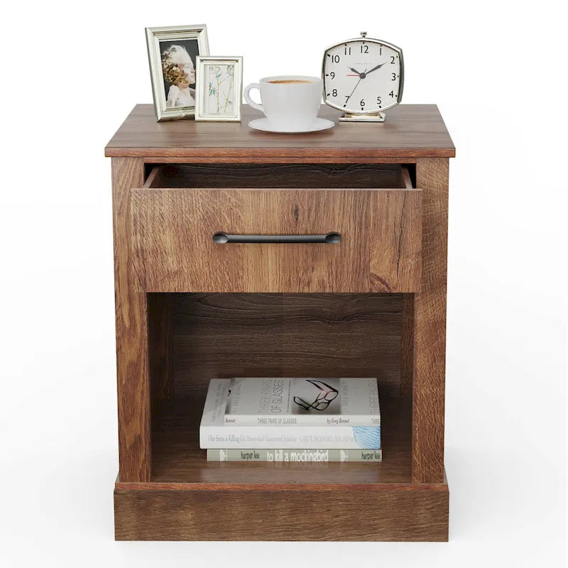 Rustic Wooden Bedside Table with Drawer and Shelf by Gymax 12