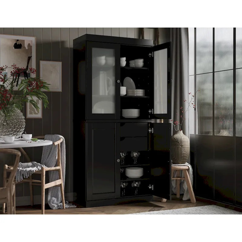 Palace Imports Solid Wood Pantry Cabinet with Frosted Glass and Solid Doors, Featuring 2 Drawers and Adjustable Shelves 33