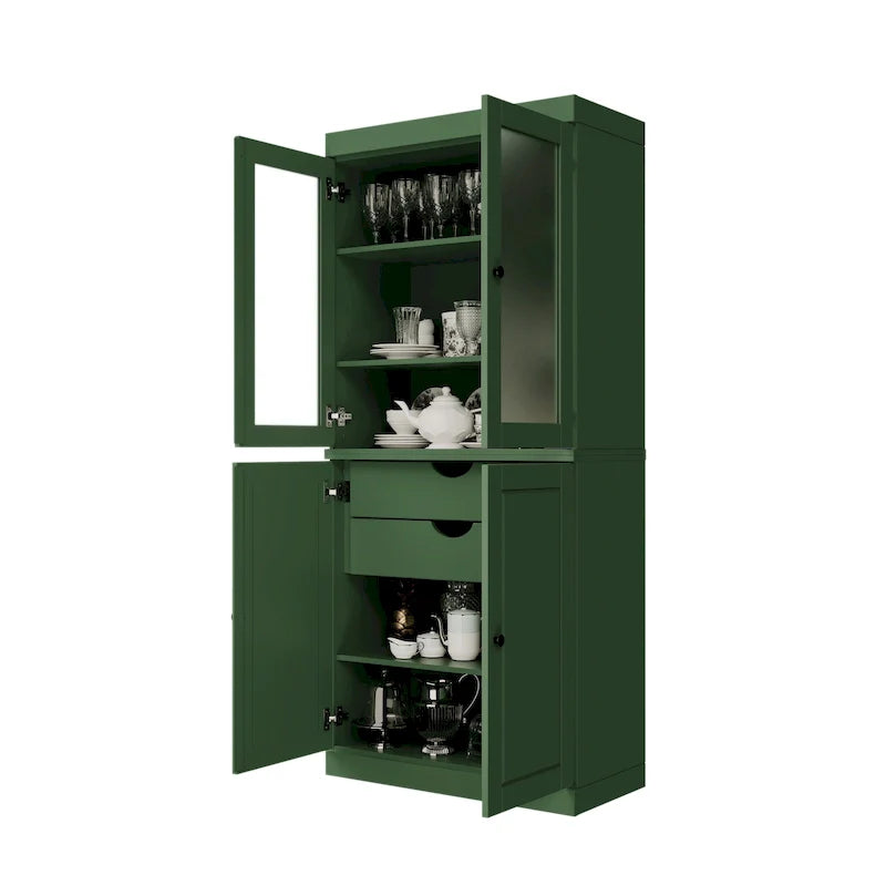 Solid Wood Kitchen Pantry Cabinet with Adjustable Shelves & Frosted Glass Doors 34